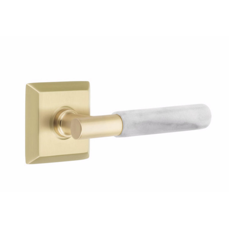 Emtek Select Privacy Leverset, Quincy Rosette, T-Bar Stem, Light Terrazzo Handle, LH, Left, Satin Brass/White Marble
