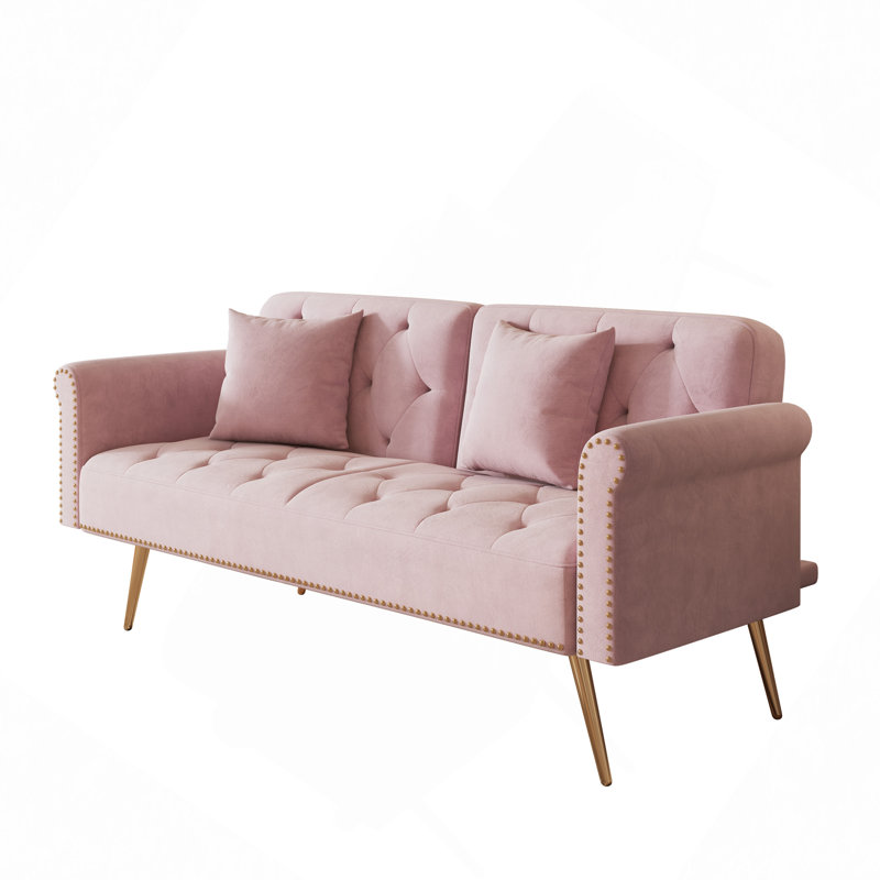 Canapé-lit de 69,7 po de long recouvert de velours rose avec garniture cloutée et coussin décoratif assorti, Rose