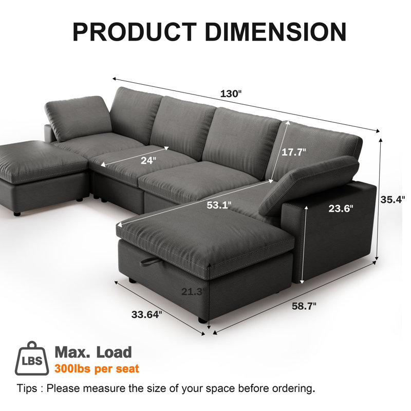 130" Pu Modular Sectional Sofa Modern U Shaped Sectional Couch 6 Deep Seat Sofa Set For Living Room Sofa With Ottoman, Gray