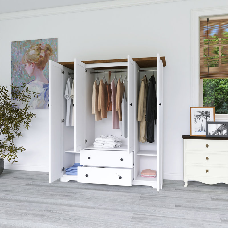 Armoire penderie en bois blanc avec tiroirs, Blanc