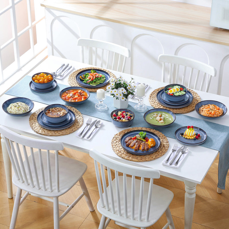 Service de table en céramique bleue 16 pièces pour 4 personnes, assiettes à feu, assiettes à dessert, bols à pâtes et bols vancasso