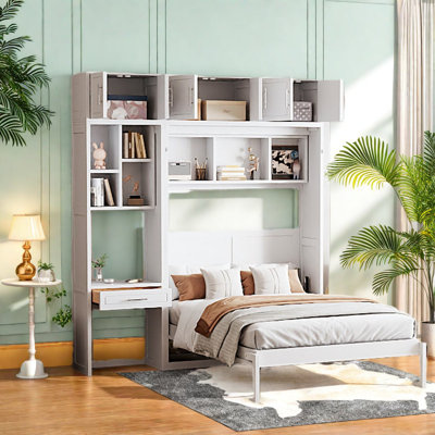 Lit escamotable double compact avec rangement, conception moderne en MDF pour un espace de vie compact