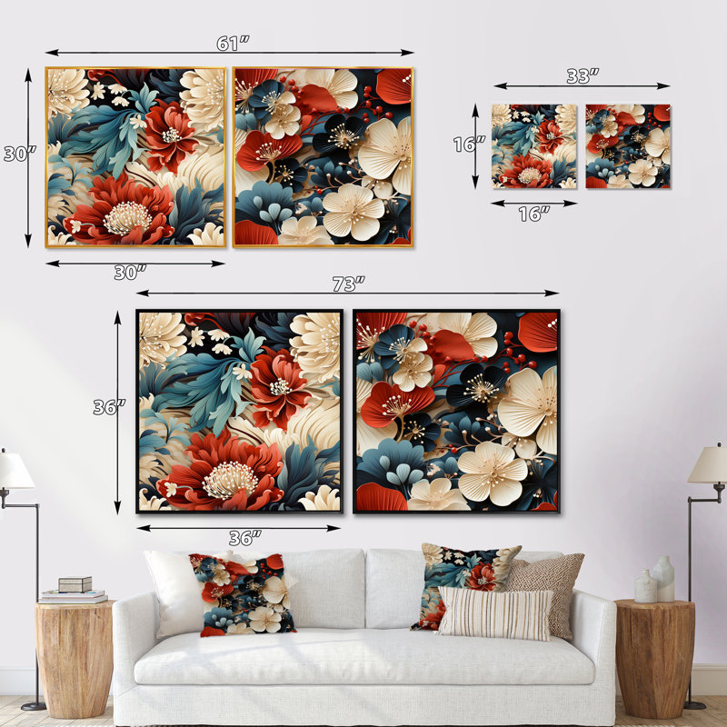 Thetford - Ensemble de 2 collages carrés floraux, H 16 po x l 33 po, Cadre flottant doré