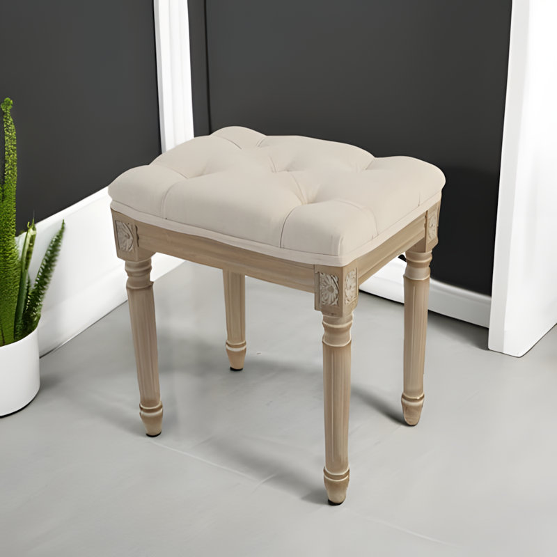 Upholstered Vanity Stool With Tufted Fabric And Rustic Wood Legs, Versatile Makeup Bench For Home