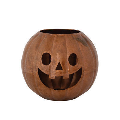 Copper Patina Iron Jack-O-Lantern Candle Holder