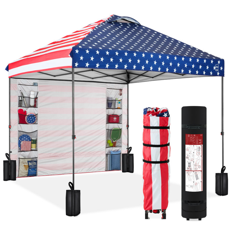 10X10ft Easy Setup Pop Up Canopy, Portable Tent W/ Side Wall, 1-Button Push, Case, American Flag
