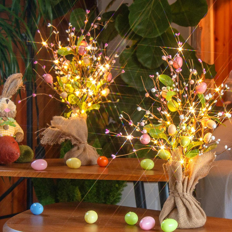 Spring Decorations, 2 Pack Spring Tree With Colourful Eggs, Battery Powered LED Tree Lights, Artificial Tabletop Centerpiece Lighted Tree For Holiday Party Spring Home Decor