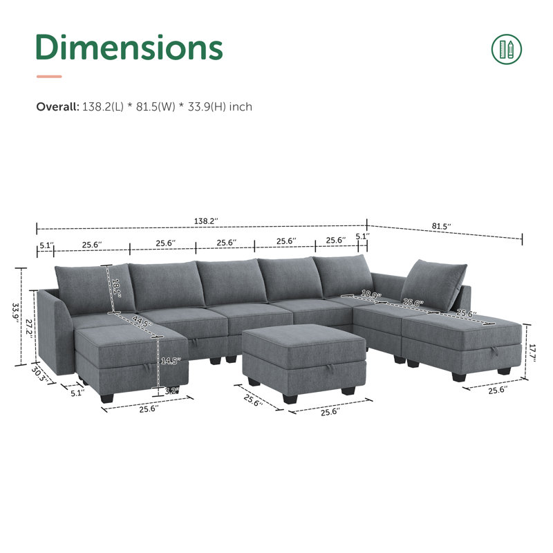 Canapé modulaire en U avec méridienne Tremee, Polyester gris bleuté