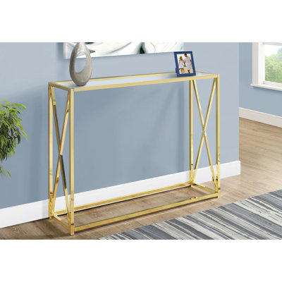 Table d'appoint pour hall d'entrée avec plateau en verre trempé transparent épais et base en métal doré poli, base de console spacieuse et pratique au look contemporain moderne