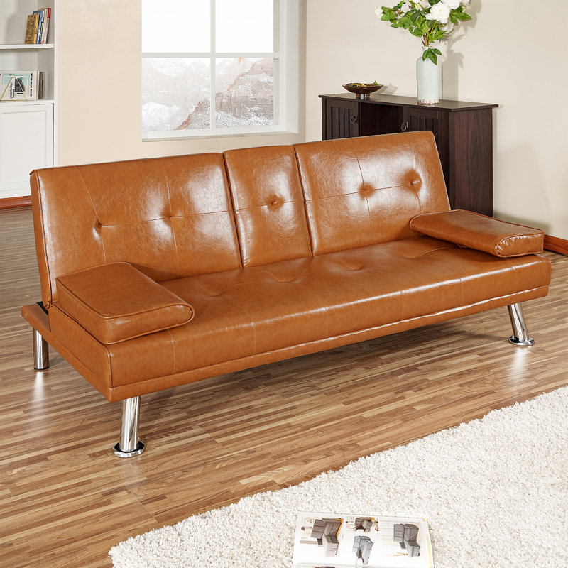 Canapé-lit simple en cuir végétalien 66 po Drewry, Similicuir caramel