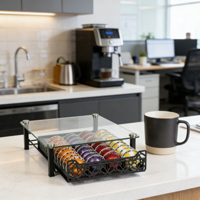 Organisateur de tiroir à café en cristal en verre trempé, peut contenir 50 dosettes Vertuo ou 26 K-Cup, tiroir coulissant pour Nespresso Vertuo et Keurig, rangement pour comptoir en fer