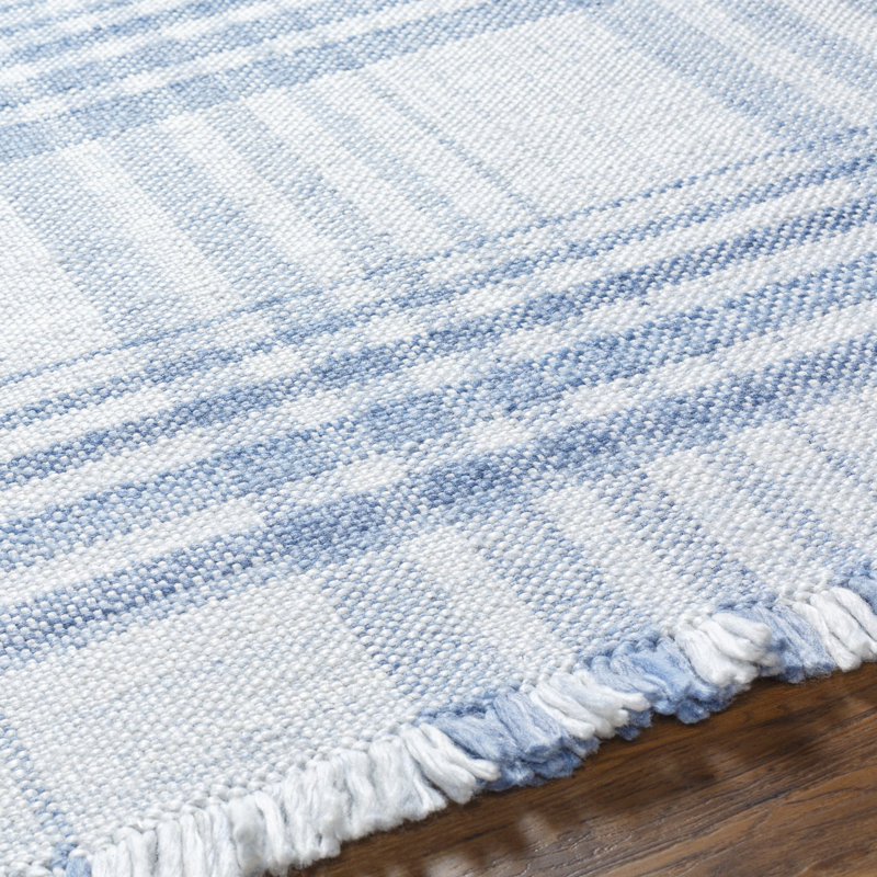 Tissu écossais tissé à la main à plat recyclé Cay P.E.T. Tapis bleu / blanc, Rectangle 8 pi x 10 pi