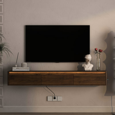Floating Tv Shelf With Led Lights, High Gloss Stand In Wood Color For Living Room. 3 Standard And 2 Ports Device Charging. Touch - Sensitive Led Strip Above Cabinet. Spacious Storage Game Consoles,