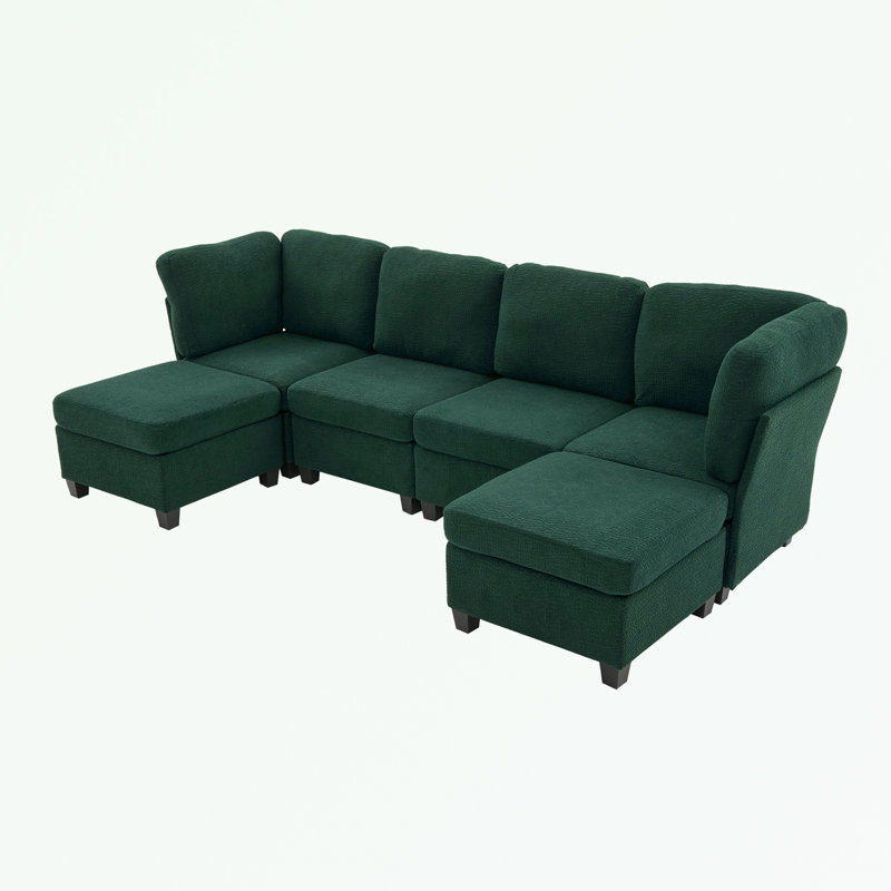 U Shape Sectional Sofa with Storage Ottoman, Emerald Polyester Blend