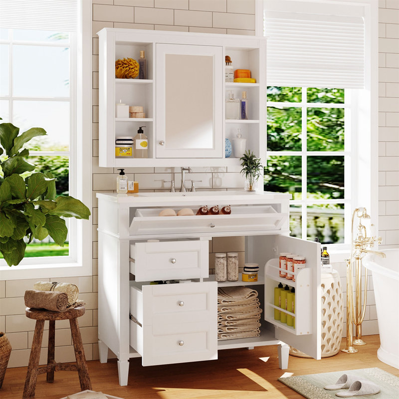Meuble-lavabo simple avec plateau Jayliana, Blanc, Argent