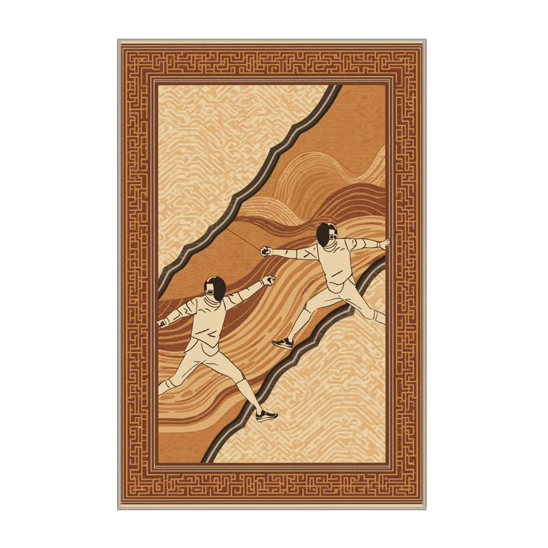 Machine Washable Hubbard Fencing Match Classic Oriental Rug in Brown – Beige Binding, 7x9