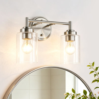 2-Light 13 in. Brushed Nickel Modern Vanity Light with Clear Seedy Glass Shades, Dimmable Up/Down Mountable