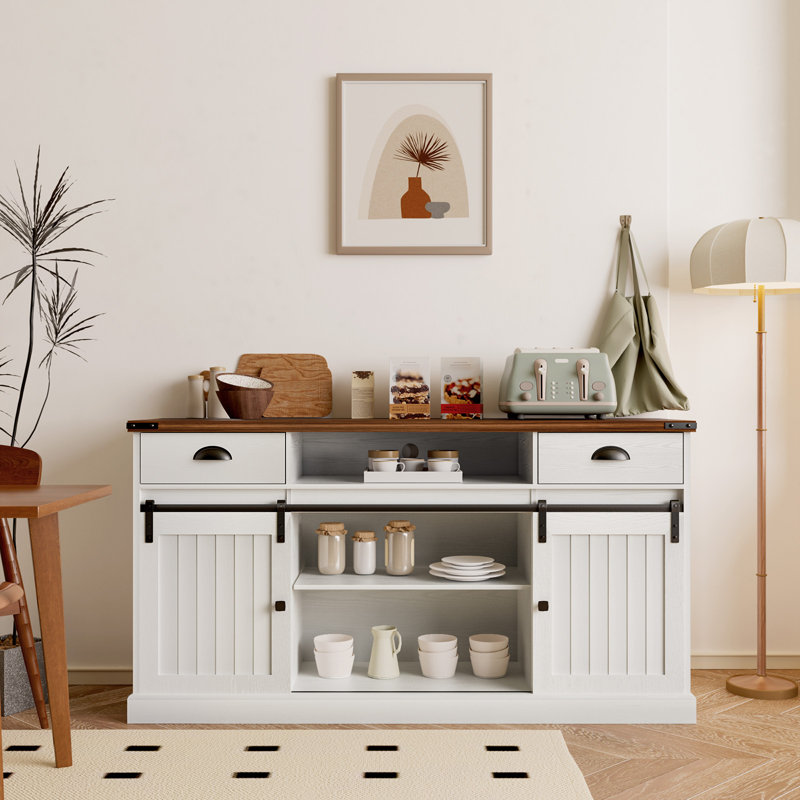 Meuble télé avec portes de grange coulissantes et 2 tiroirs - Meuble audio-vidéo pour téléviseur de 65 po, meuble télé rustique avec rangement, meuble télé de salon pour téléviseur de 65 po, blanc
