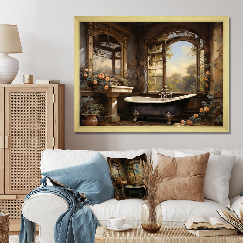 «Bathroom Vintage Elegance I» - Art mural de salle de bain, H 12 po x l 20 po x P 1 po, Cadre doré simple