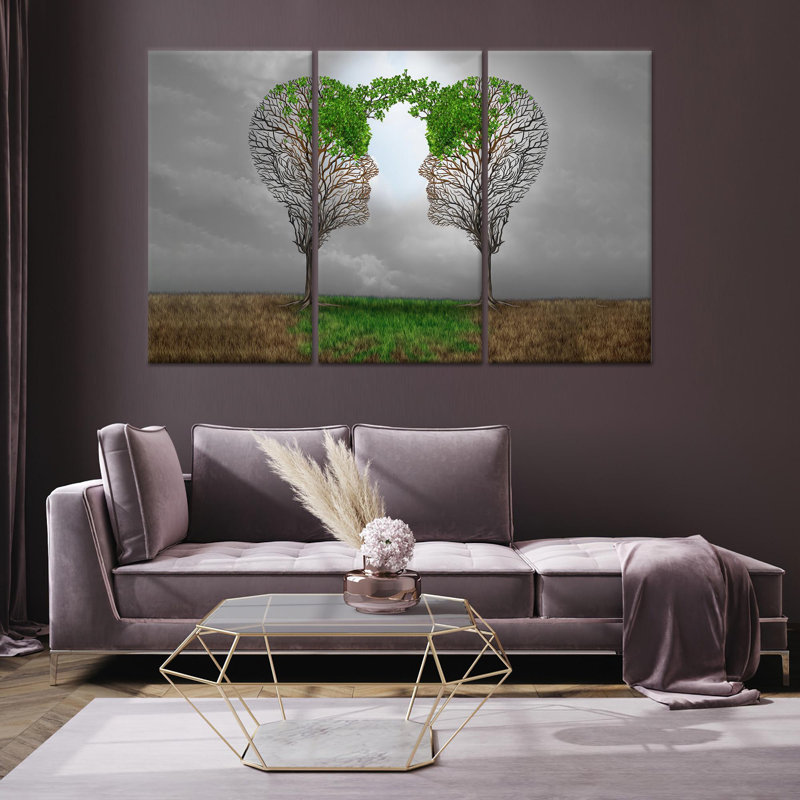 «Nature Love Couple», reproduction d'art sur toile - Arbre à visage surréel élégant, H: 35,4 po x l: 70,9 po