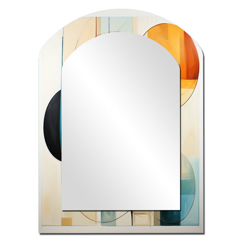 Orange Blue Mid Century Harmony In Geometry I - Midcentury Modern Asymmetrical Decorative Wall Mirror, Modern Arch Mirror, Printed Metal Art