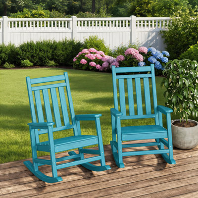 HDPE Adirondack Rocking Chair Set of 2 – High Back All-Weather Outdoor Rockers for Patio, Garden, Deck & Fire Pit – Embossed Wood Grain Lake Blue (2-Pack)