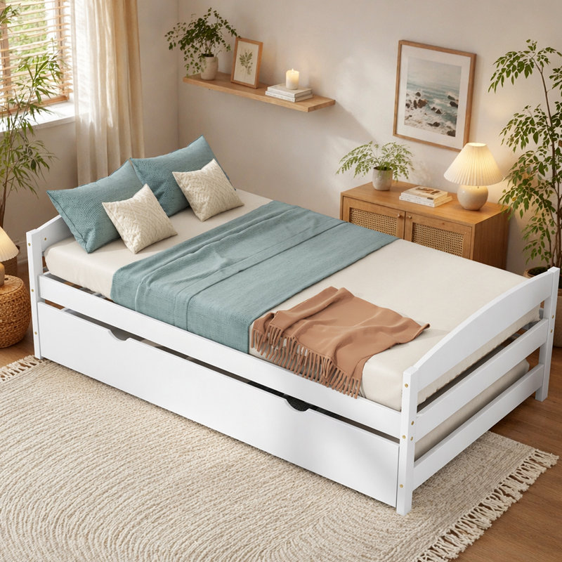 Lit plateforme simple avec lit gigogne, blanc - Mobilier de chambre à coucher gigogne gigogne en bois massif