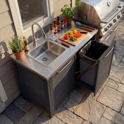 Outdoor Solid Cedar Wood Sink Cabinet With Stainless Steel Countertop, Weather-Resistant Patio Prep & Utility Station