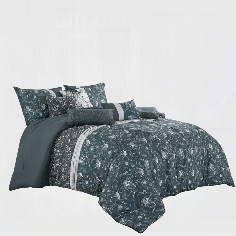 Ensemble d'édredon brodé et imprimé 7 pièces, en microfibre de polyester avec 1 édredon, 2 taies décoratives et 4 coussins décoratifs Deep Teal