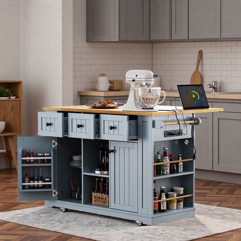 Kitchen Island With Power Outlet, 5 Wheels, Drop Leaf And 3 Drawers, Gray Blue