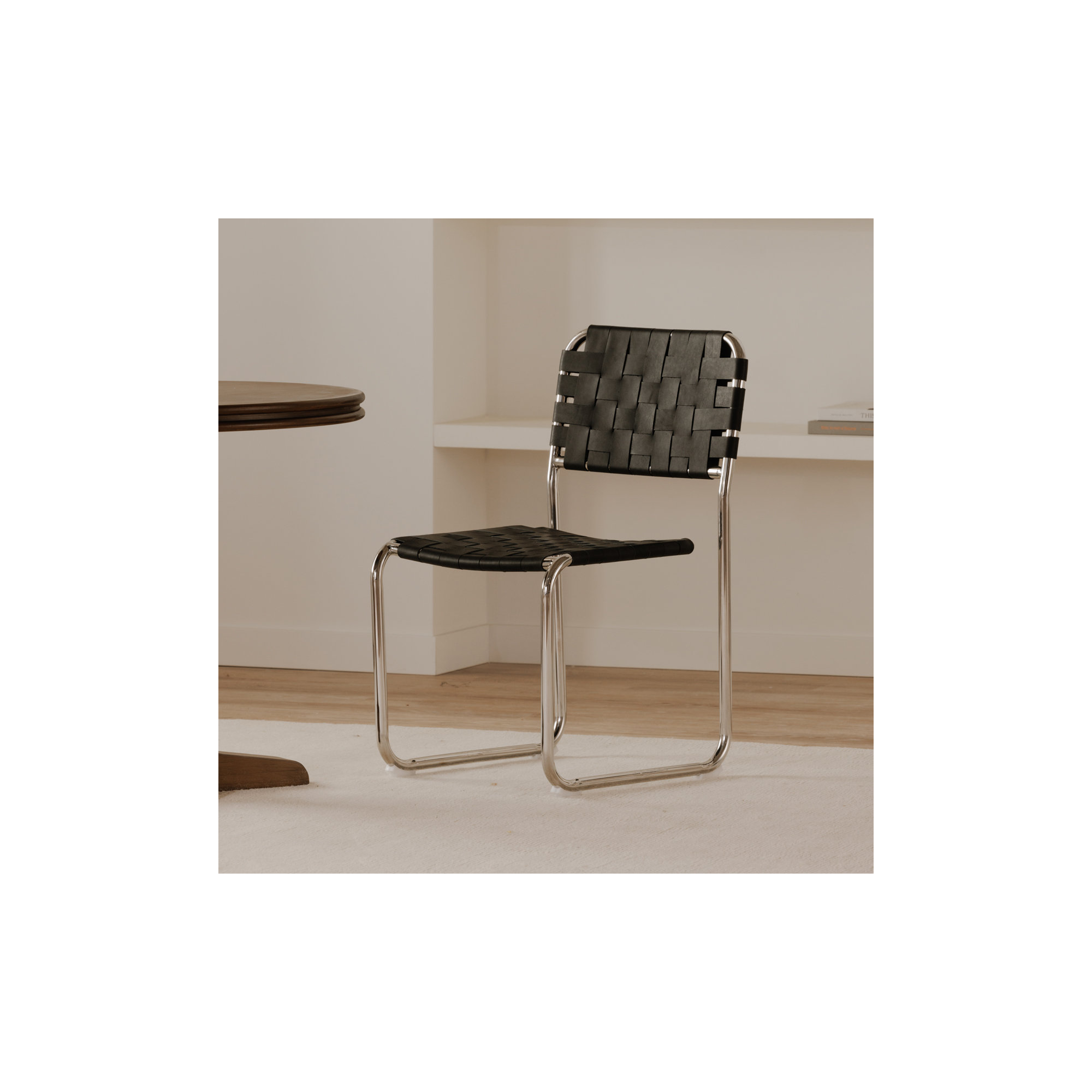 Bailee Woven Leather Cantilever Dining Chair, Silver, Black Top Grain Leather