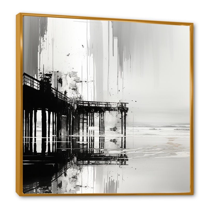 Minimalisme, noir et blanc, jetée, paysage II, sur toile, H 16 po x l 16 po x P 1 po, Cadre flottant doré