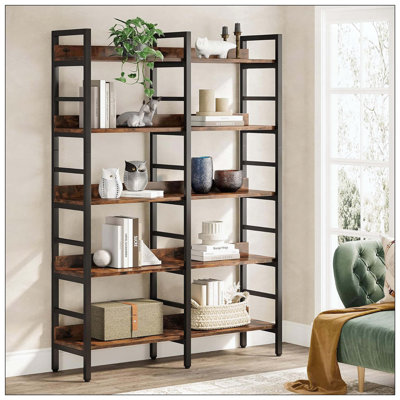 Rustic Brown 5-Tier Tall Double Wide Industrial Bookshelf