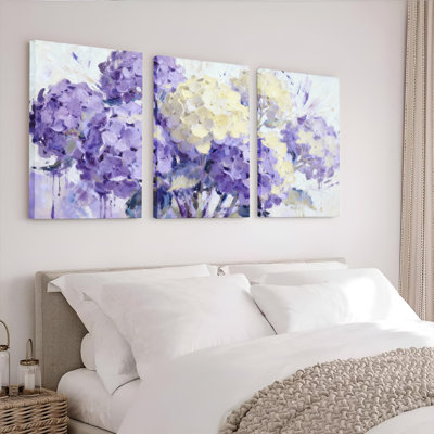 Tableau mural sur toile tendue à motif floral d'hortensias violets et crème (paquet de 3)