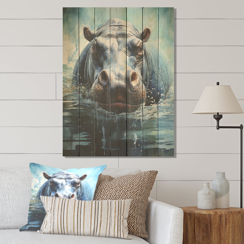 «Grey Powering Hippo Waters Reflect III» - Hippopotame sur bois, H 20 po x l 10 po