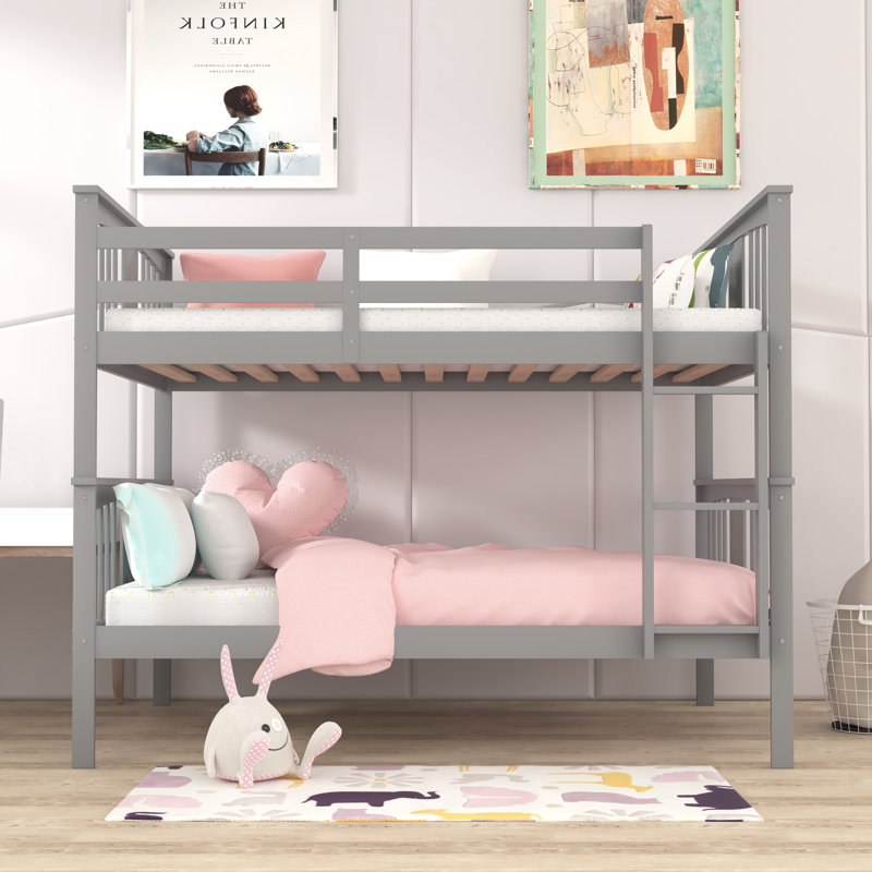 Full over Full Bunk Bed with Ladder for Bedroom, Gray