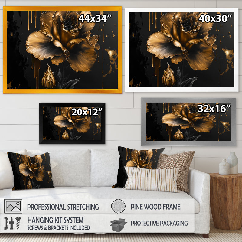 Noir et doré Glaïeul III - Glaïeul, art mural, Cadre doré simple, H 24 po x l 32 po x P 1 po