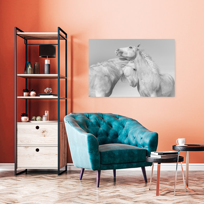 «White Horse Embrace Elegant Peaceful Contemporary», art mural, 24" H x 36" W