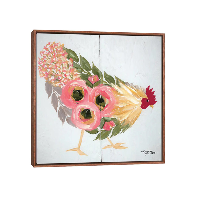 «Floral Hen on White» par Michele Norman - impression d'art graphique, Pas de tapis, H 26 po x l 26 po x P 1,5 po