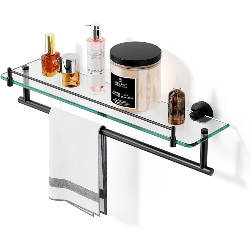 Codee Glass Floating Shelf with Towel Bar, Matte Black