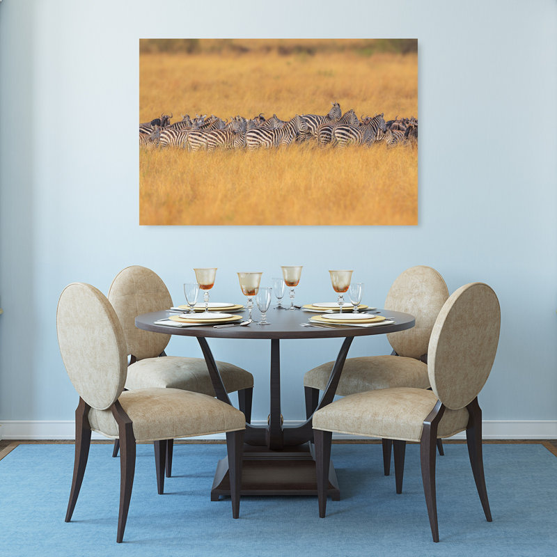 Golden Savanna Herd Contemporary Zebra Nature Wildlife Wall Art, 32" H x 48" W