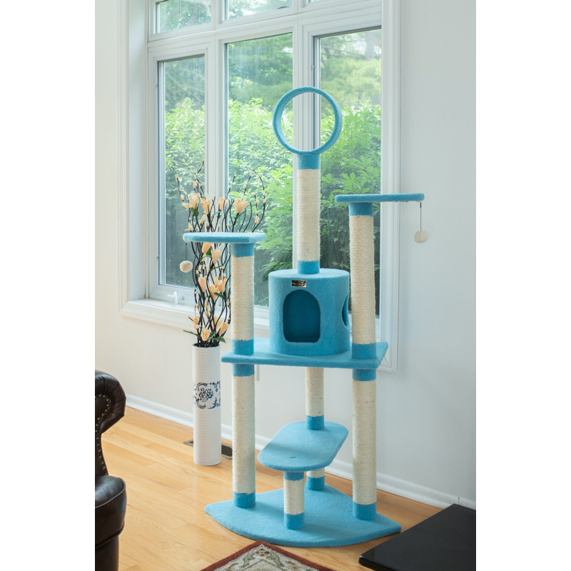 Sky Blue 65-Inch Faux Fleece and Sisal Cat Tree