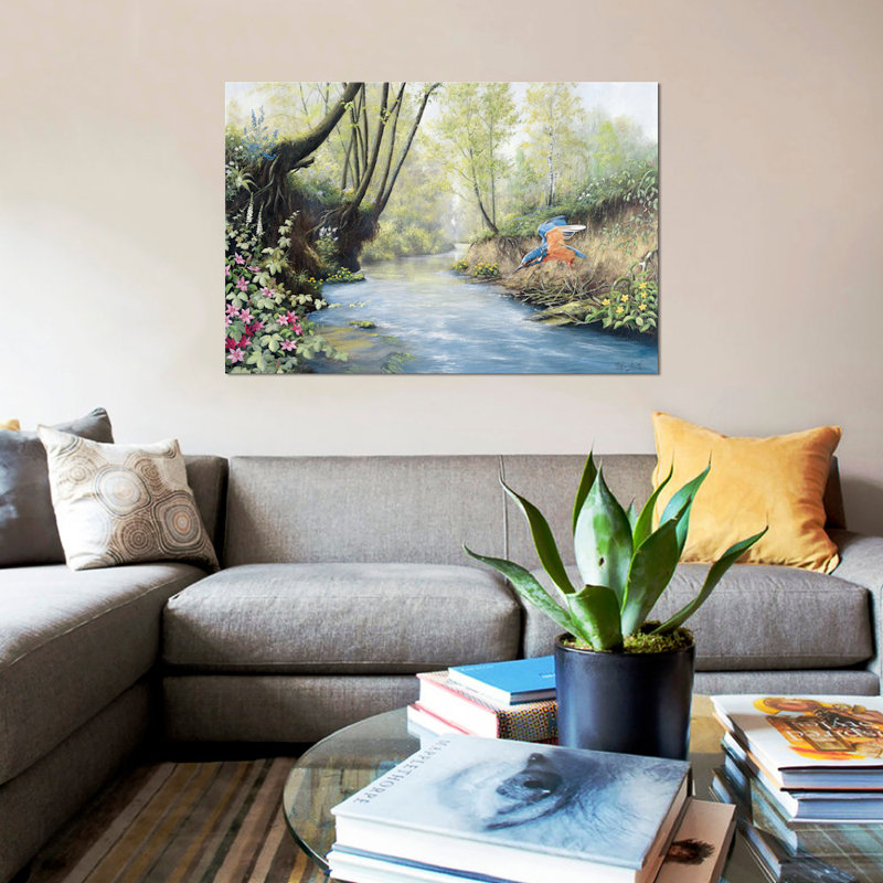 « kingfisher », reproduction sur toile, H 18 po x l 26 po x P 1,5 po, Toile avec cadre noir, Pas de tapis