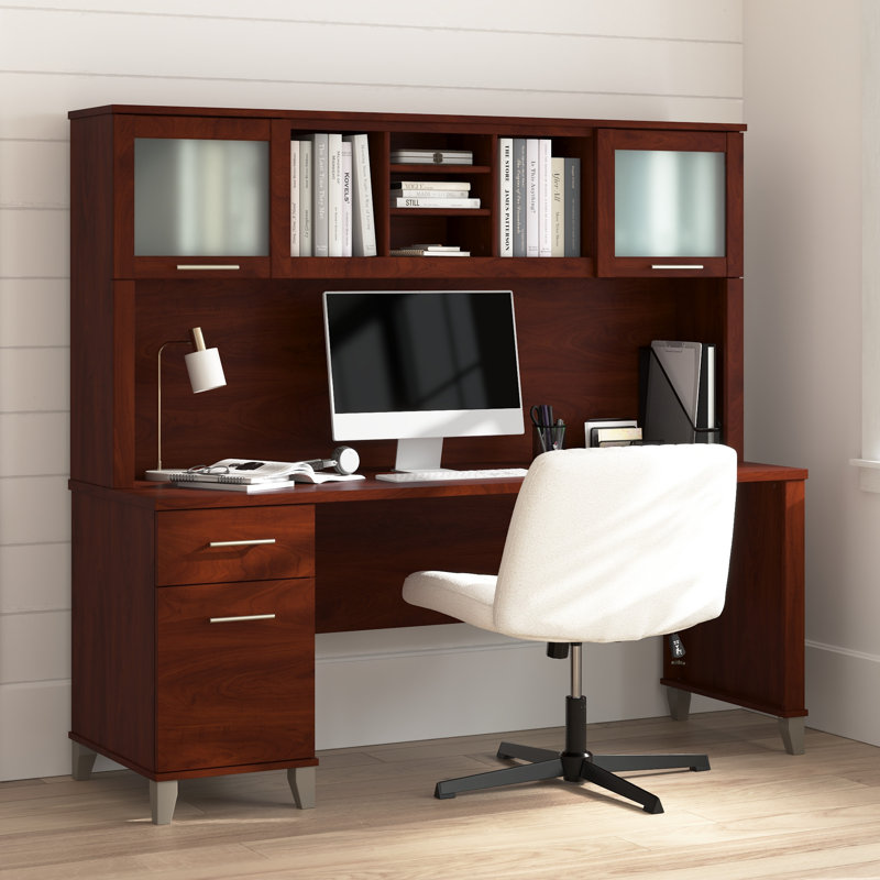 Paelynn 72” Office Desk with Hutch, Drawers, Computer Office Desk with Storage, Modern Wood, Hansen Cherry, Hansen Cherry