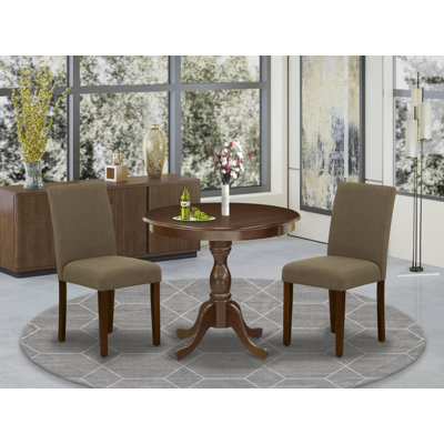 3 Piece Kitchen Table Set for Small Spaces Contains a Round Dining Table with Pedestal and 2 Coffee Linen Fabric Upholstered Chairs, Mahogany