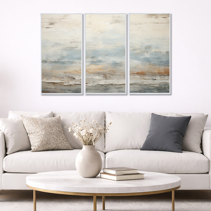 «Beige Blue Ocean Storm», ensemble d'art mural formes abstraites, H 28 po x l 36 po x P 1 po, White Floater Framed