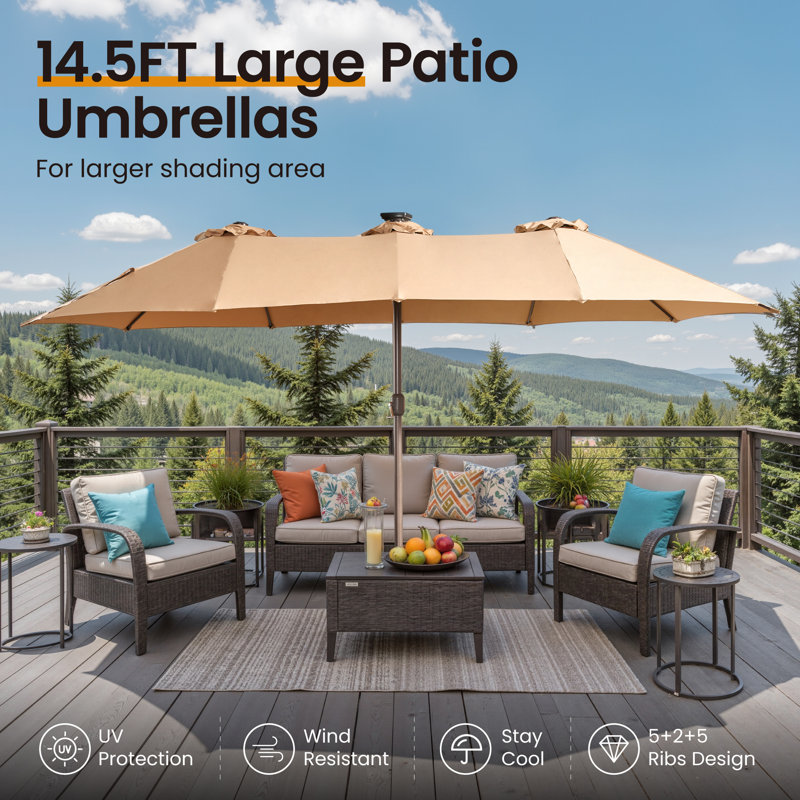 14.5 Ft X 8.3 Ft Rectangular Led Light Market Umbrella With Remote & App-Controlled Color-Changing Lights And Base, Tan