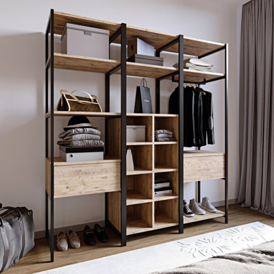 Modern Oak Wardrobe with Electrostatic Powder Coated Metal Legs, 70.9 x 70.9 x 15.7 inches | 100% Melamine Coated Particle Board, 0.71 inches Thick | Wall-Mountable, Numerous Shelves, Ideal for Industrial Style