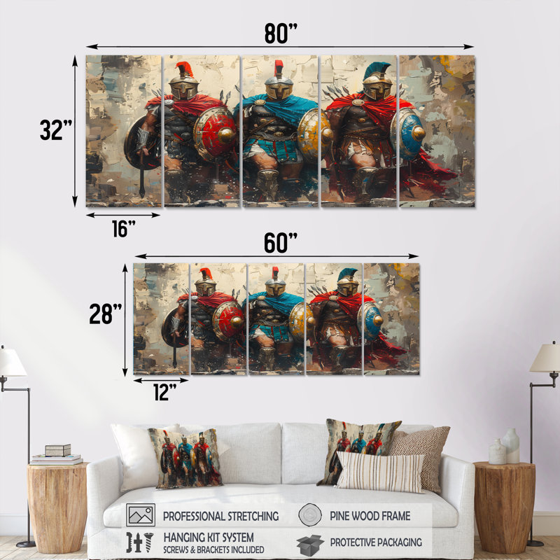 Guerriers grecs multicolores prêts pour la bataille - ensemble d'art mural sur toile armée, H 28 po x l 60 po