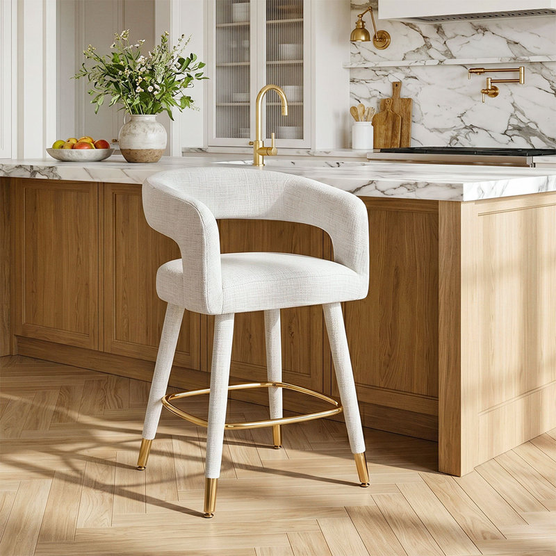 Tabouret de bar 24 po à hauteur de comptoir avec dossier en tonneau ouvert et repose-pieds doré, Offwhite